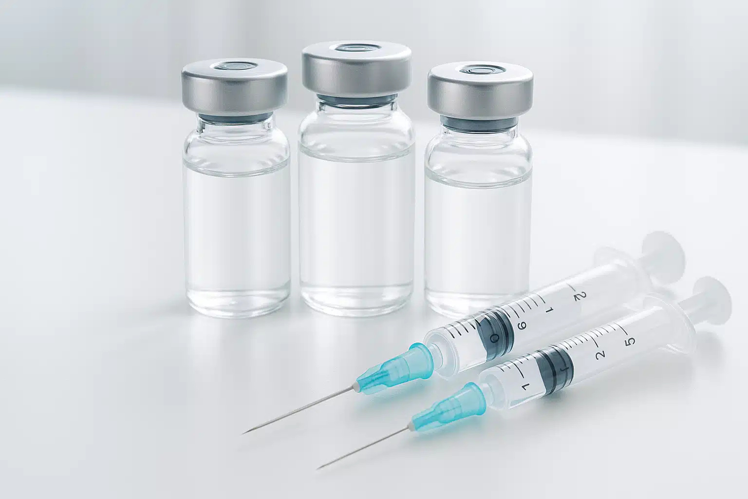 Medical vials and syringes containing clear liquid on a clean white surface, professional clinical setting, bright and sterile atmosphere