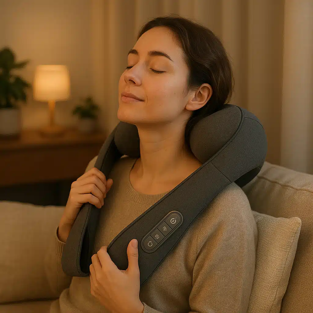 Person relaxing in a comfortable home setting using an electric massager on their neck, peaceful atmosphere with soft lighting, calm and serene wellness moment
