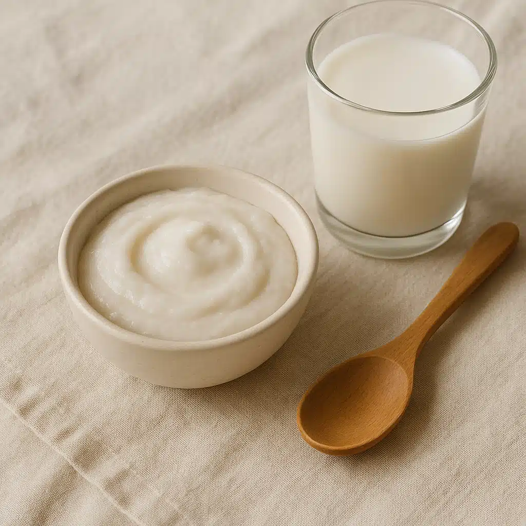 A small ceramic bowl with white rice flour paste, a wooden spoon, and a glass of milk on a natural linen cloth, soft daylight, simple and elegant styling, skincare preparation concept