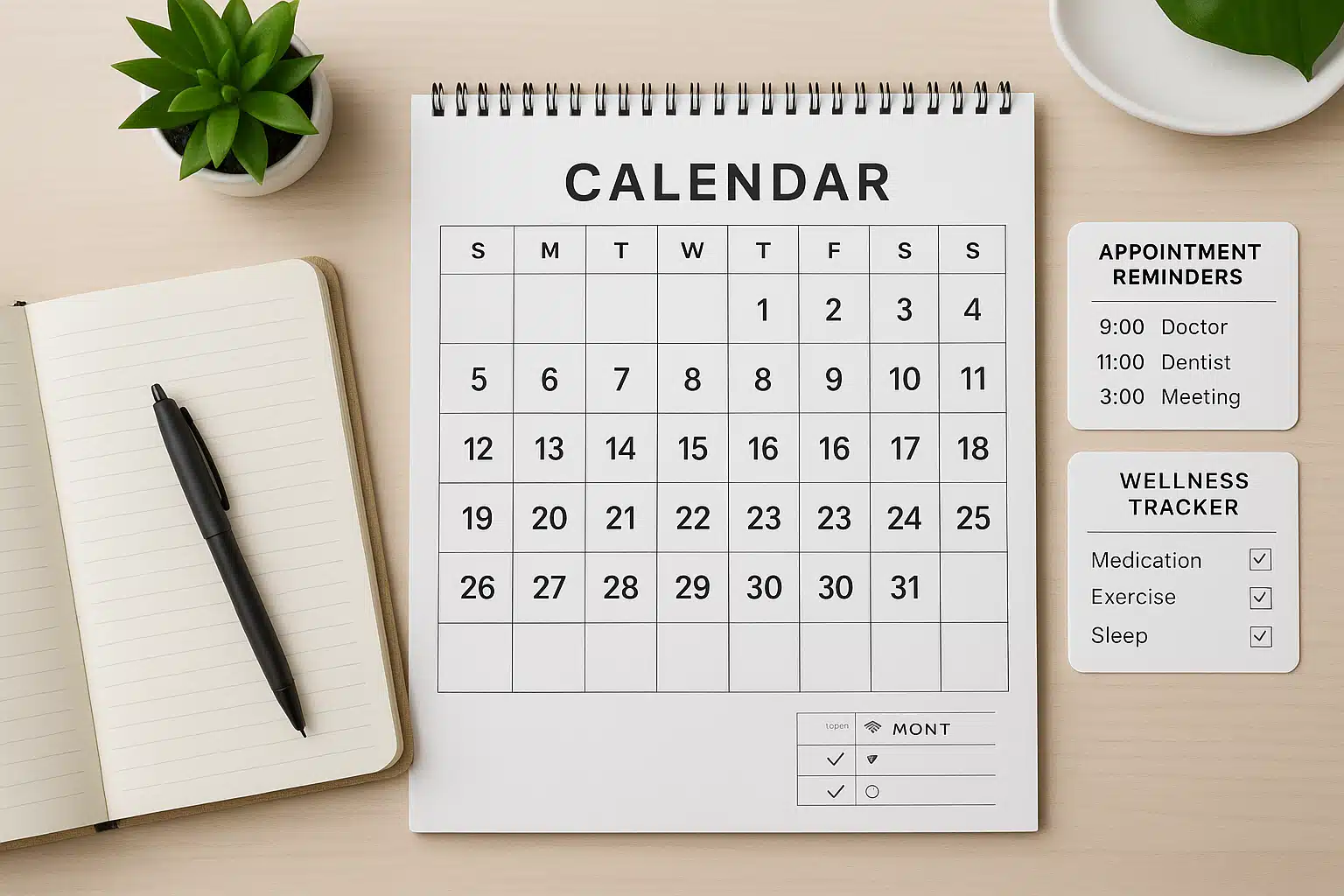 Organized calendar with appointment reminders and wellness tracker, clean desk setup with notebook and pen, planning and healthcare management theme, modern minimalist style