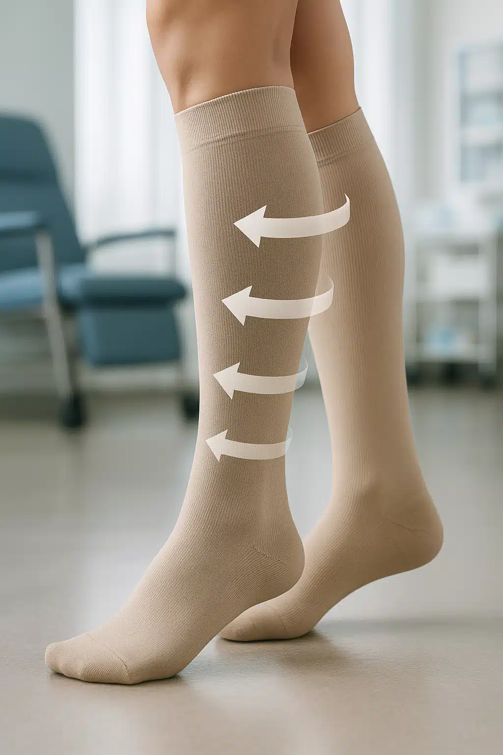 Close-up view of compression socks being worn on legs, showing graduated pressure zones, modern healthcare setting with soft natural lighting, professional medical product photography