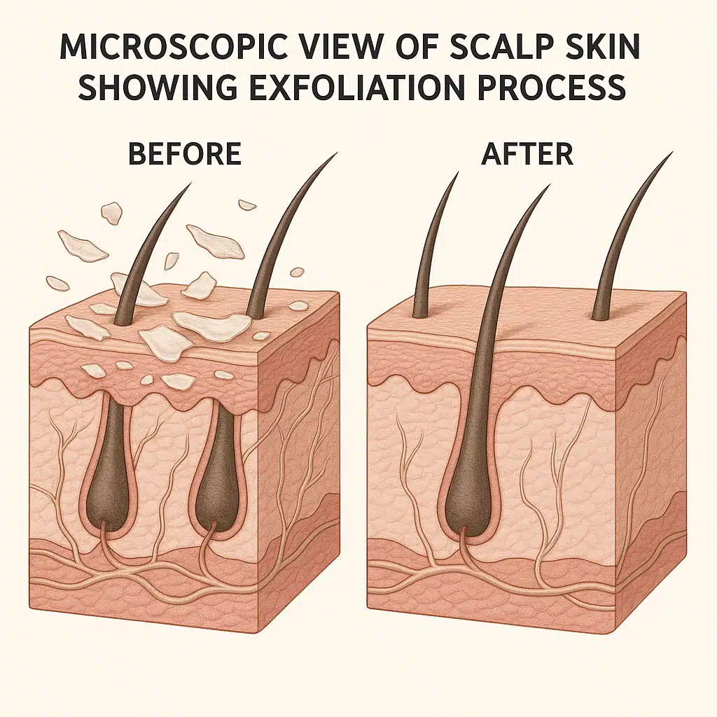 Microscopic view illustration of scalp skin showing exfoliation process, before and after comparison, educational medical illustration style, detailed and scientific