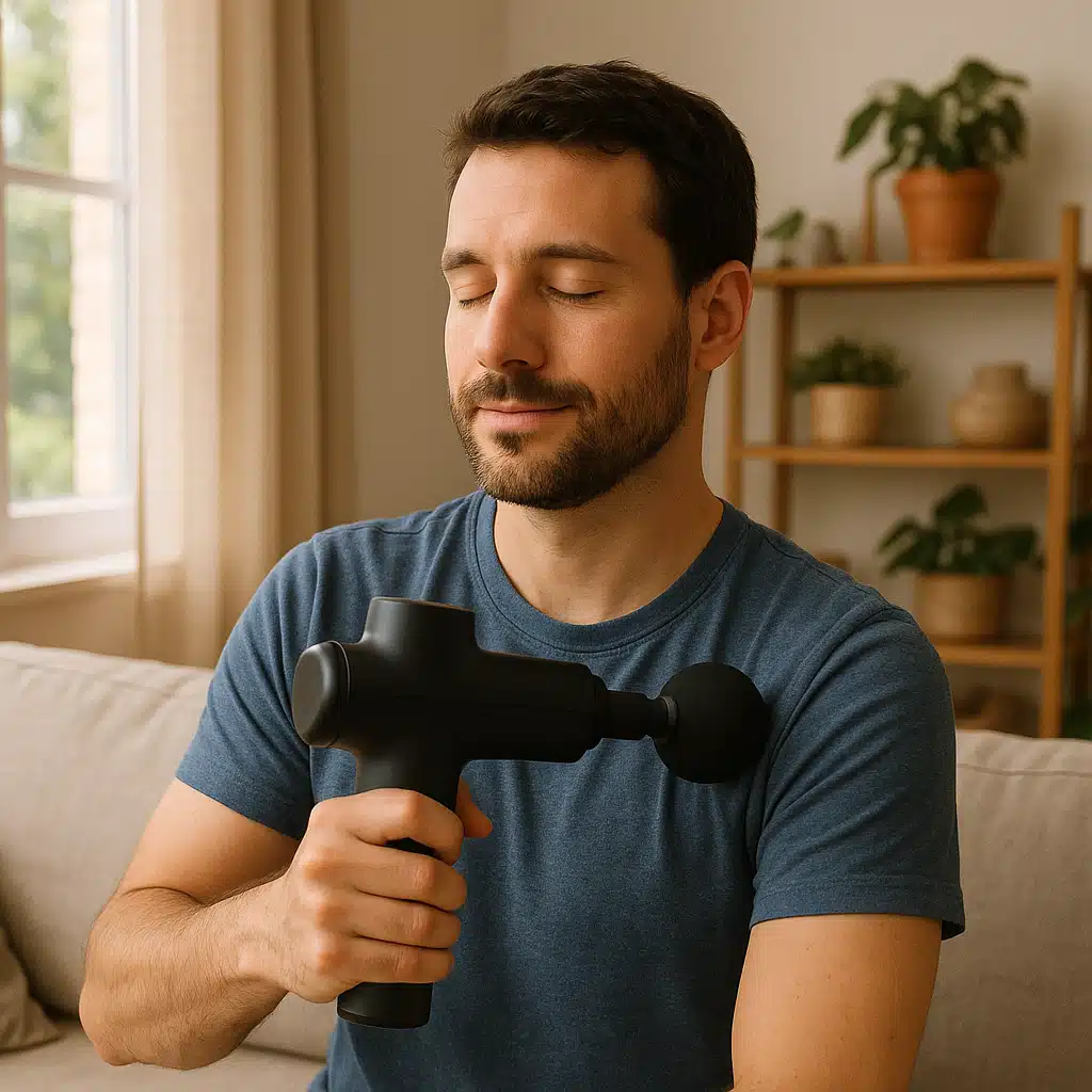Man using a percussion massage gun on his shoulder, relaxed expression, comfortable home setting, natural window lighting, wellness and self-care atmosphere