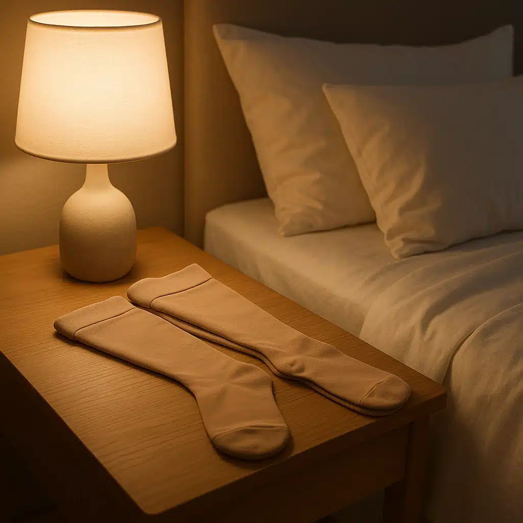 Peaceful bedroom scene showing compression stockings neatly placed on a bedside table next to a bed with white linens, soft evening lighting, conveying nighttime routine and rest