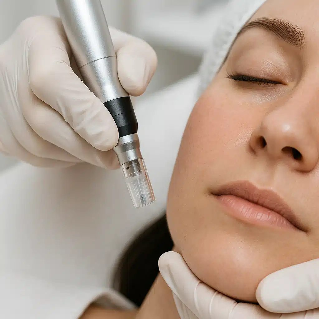 Professional microneedling pen device being used on facial skin, close-up view showing the precise application technique, clean clinical environment with focus on the treatment area and professional hands wearing medical gloves