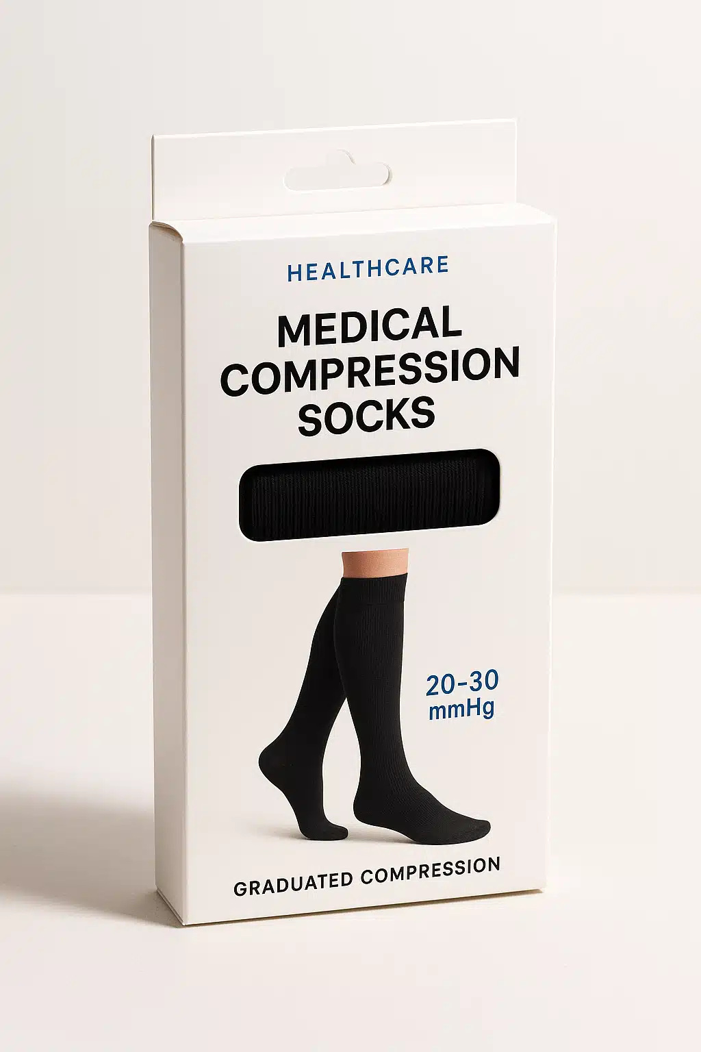 Professional product photography of medical compression socks packaging with visible product inside, healthcare branding, clean commercial presentation, soft shadows