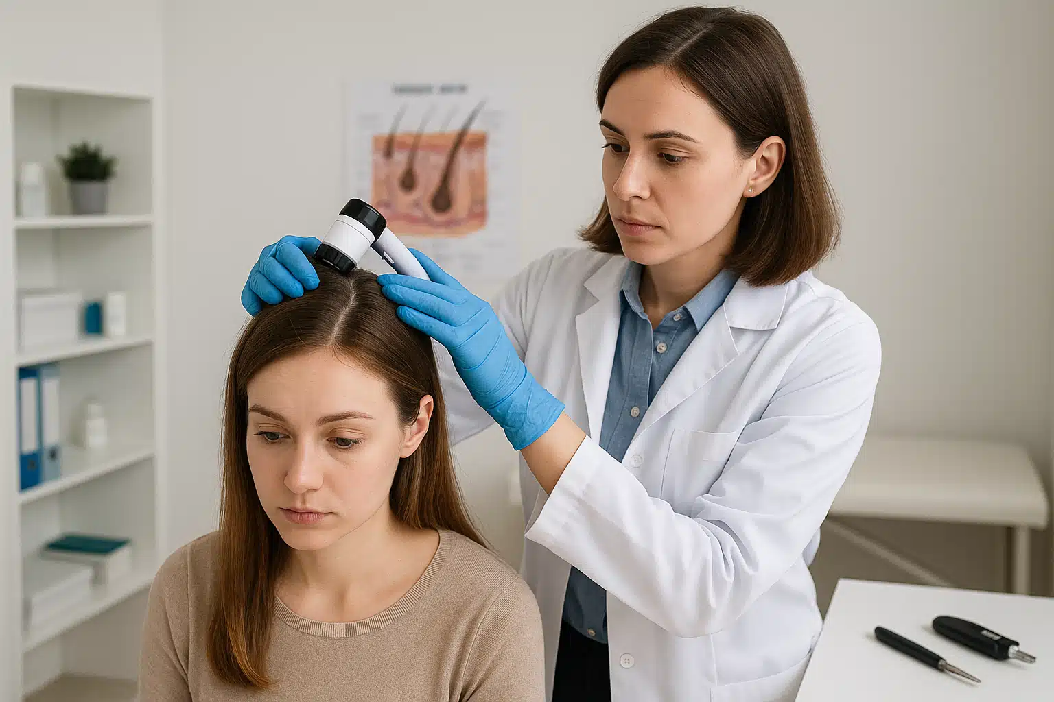 Medical consultation scene showing a healthcare professional examining a patient's scalp and hair condition, professional clinic environment with examination tools visible