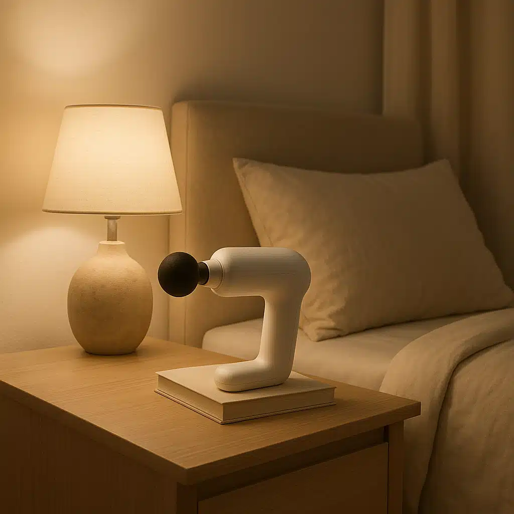 Peaceful bedroom setting with electric massager on nightstand, soft evening lighting, calming sleep environment with minimalist decor