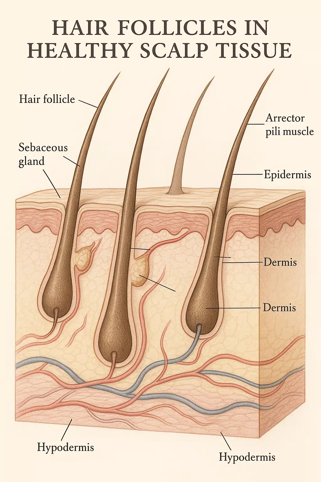 Scientific illustration of hair follicles in healthy scalp tissue, detailed medical diagram style, educational and professional presentation