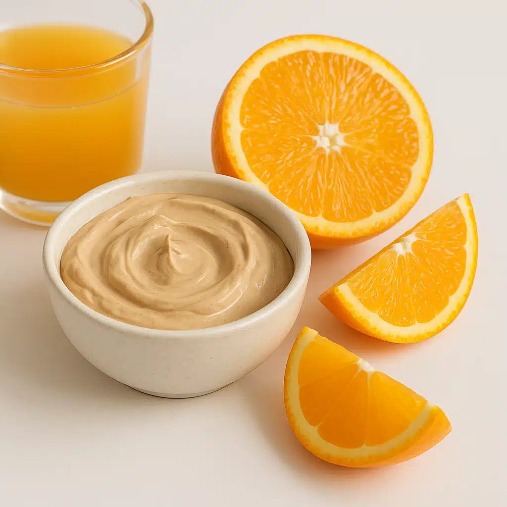 A bowl of light beige clay mixed with orange juice, fresh orange slices beside it, clean white background, natural and fresh aesthetic, spa-like atmosphere