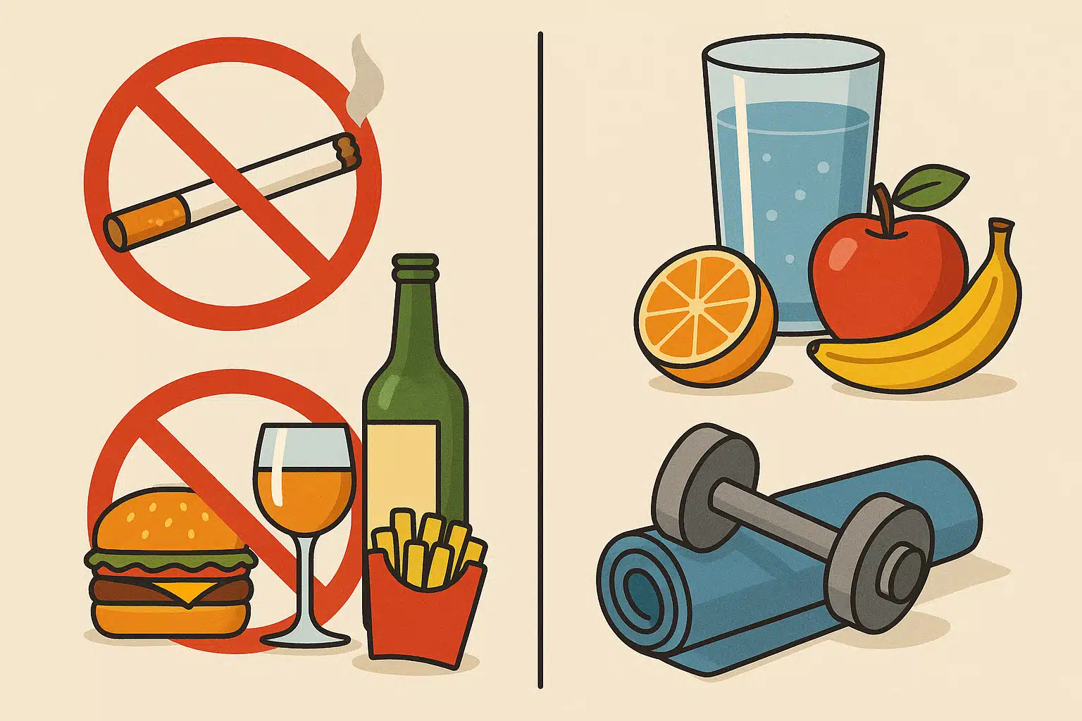 Conceptual image showing crossed-out cigarettes, alcohol, and junk food next to healthy alternatives like water, fruits, and exercise equipment, educational and motivational style