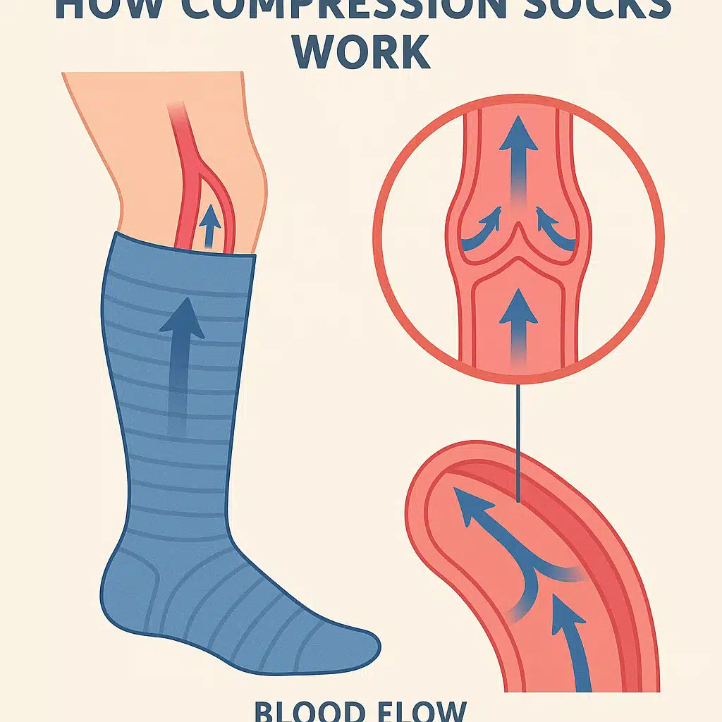 Medical diagram illustration showing how compression socks work on leg veins, cross-section view with arrows indicating blood flow direction, educational healthcare graphic with clean design