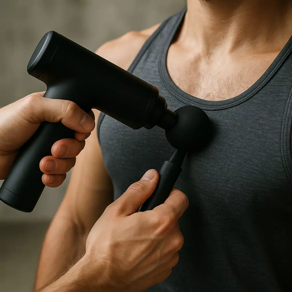 Close-up of hands using a massage gun on chest area, athletic male, demonstrating proper angle and distance, fitness recovery context, clear instructional perspective