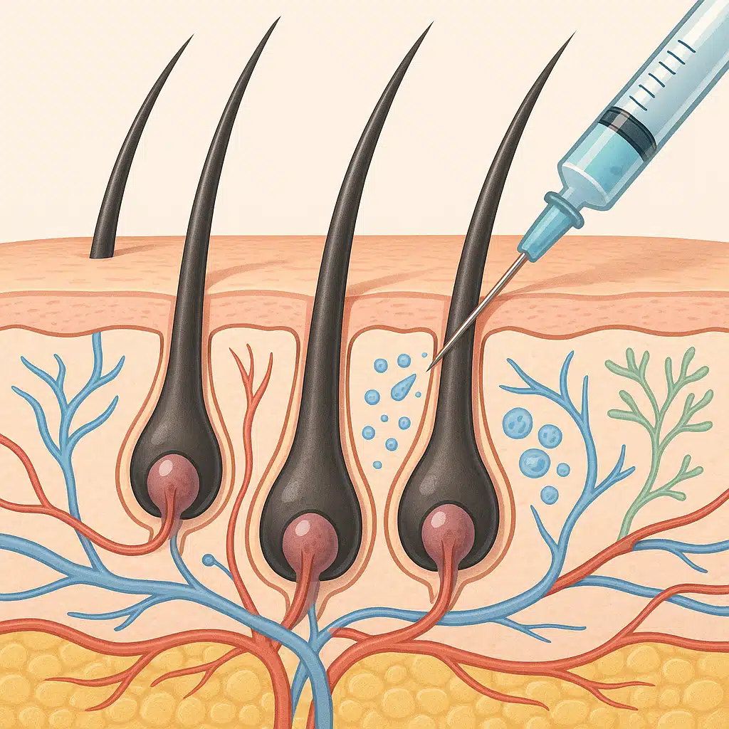 Illustration of hair follicles beneath the scalp receiving nutrient injections, cross-section view showing blood vessels and cellular activity, educational and detailed, modern medical illustration style