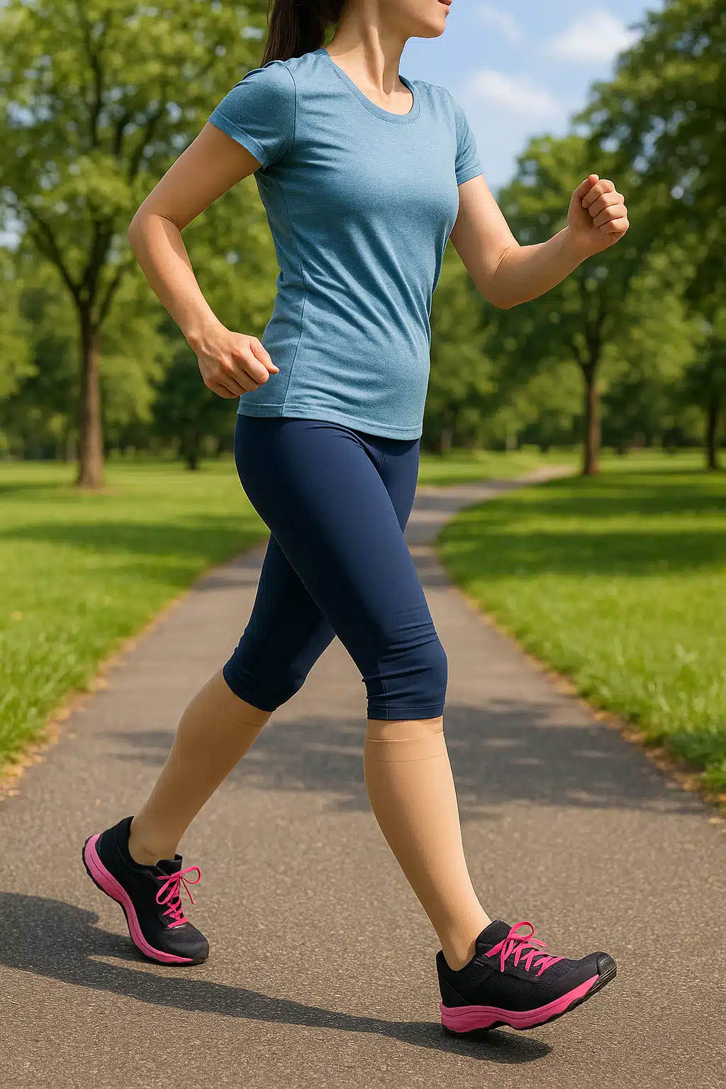 Active person walking outdoors on a park path wearing compression stockings, showing healthy lifestyle and exercise, bright daylight, dynamic movement, wellness concept