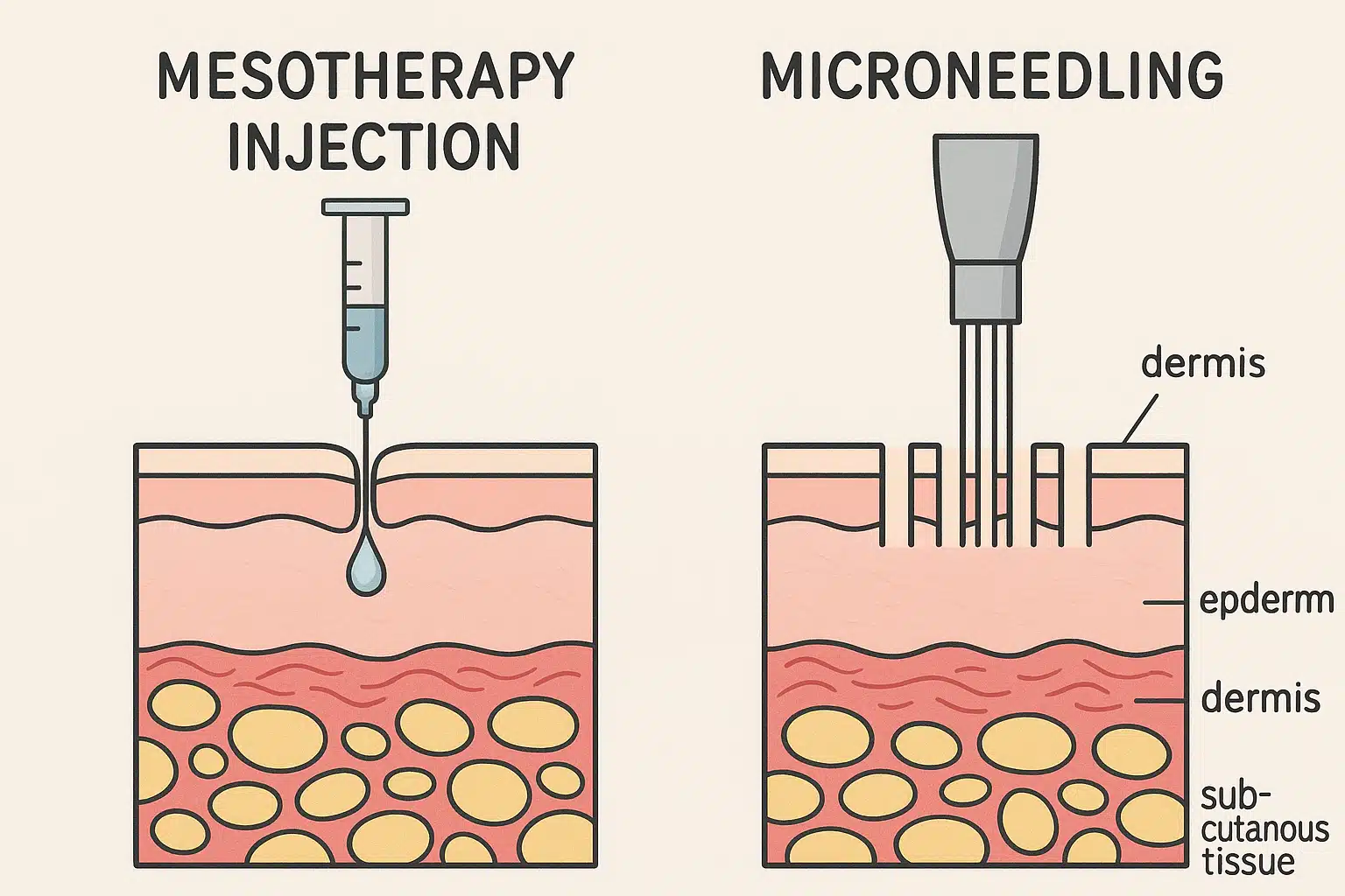 Side-by-side educational illustration showing the difference between mesotherapy injection technique and microneedling puncture pattern, cross-section view of skin layers, clean medical diagram style with clear labeling