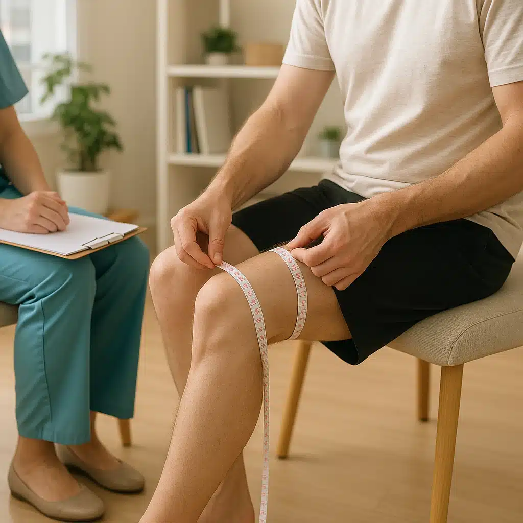 Person measuring their leg with measuring tape for compression sock sizing, healthcare consultation setting, instructional photography style, natural lighting