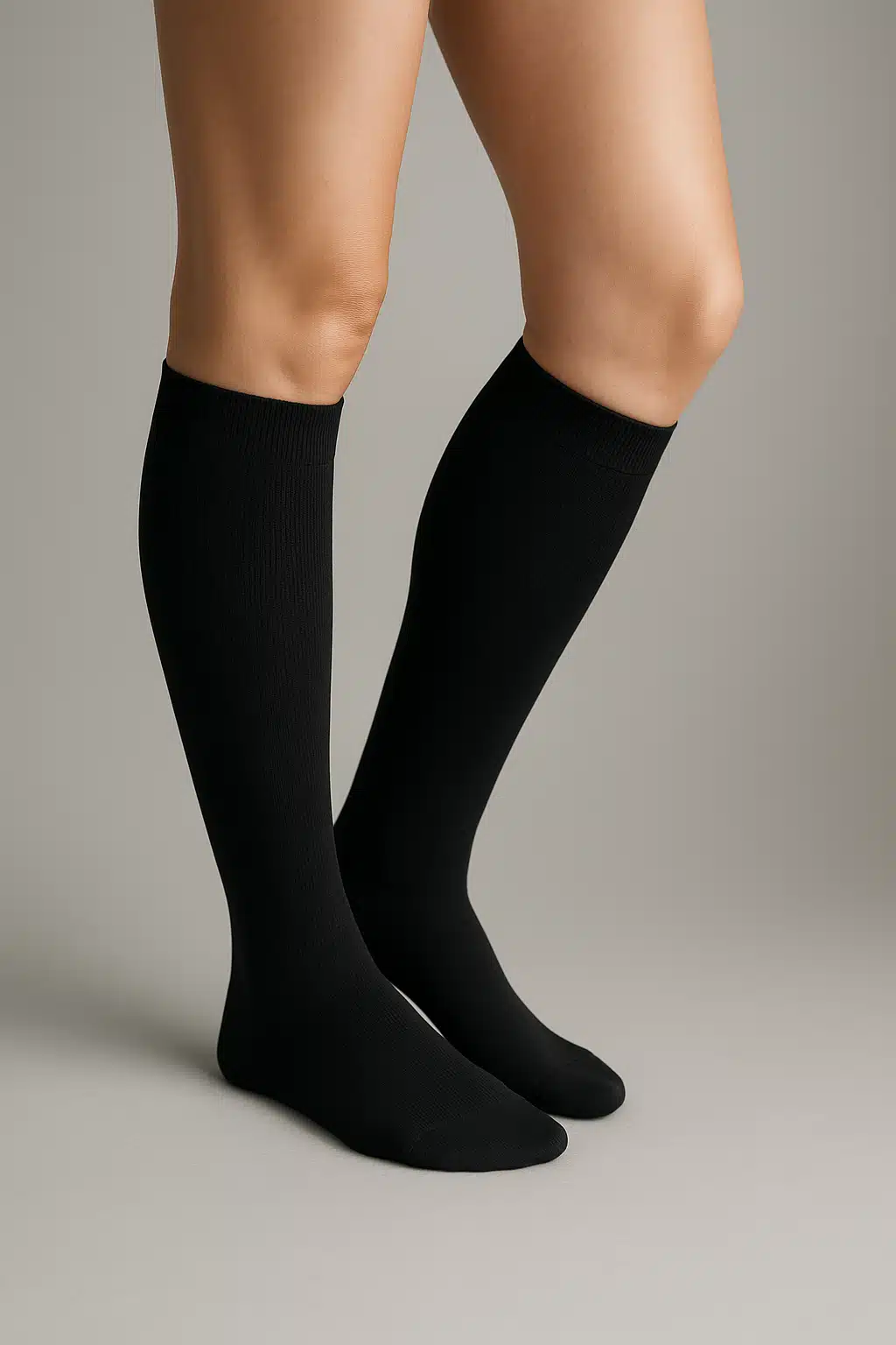 Close-up of healthy legs wearing properly fitted compression socks, showing comfortable fit without wrinkles or bunching, medical and wellness photography style with professional lighting