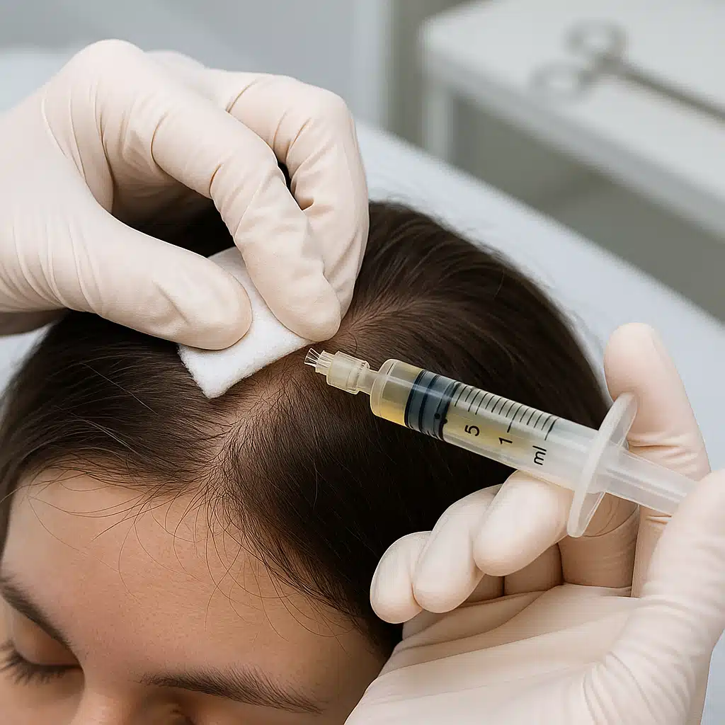 Close-up of mesotherapy injection being administered to scalp using micro-needles, showing professional technique and sterile procedure in clinical setting
