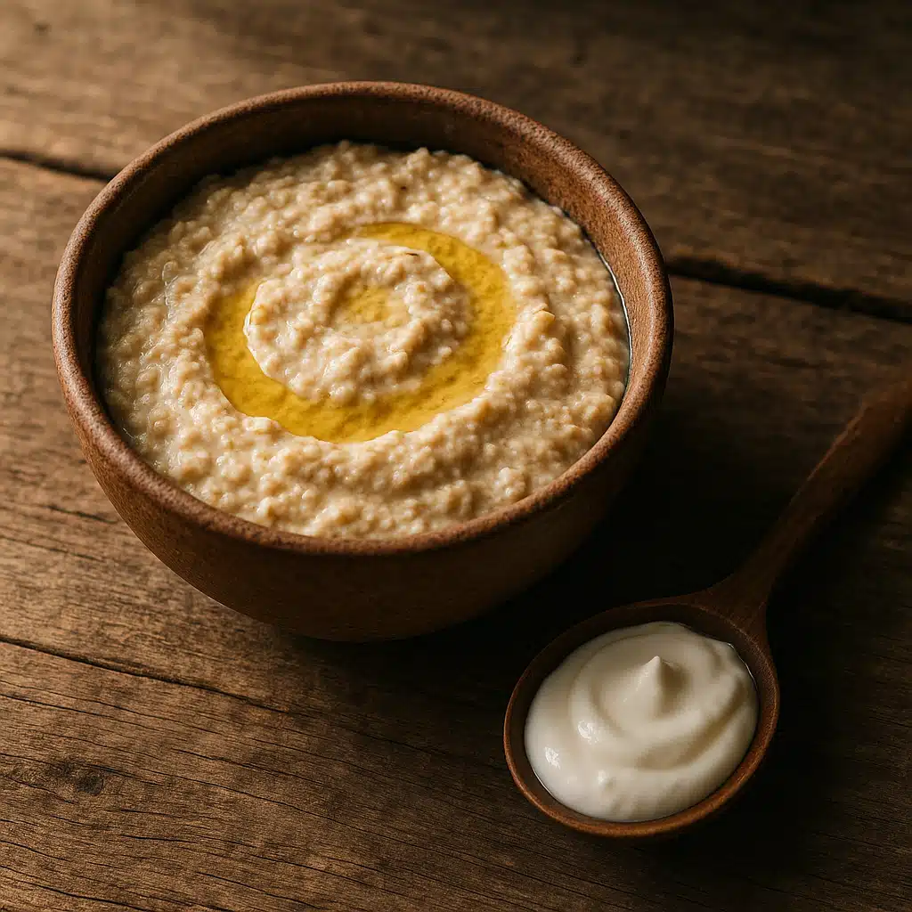 A textured bowl of oatmeal mask with a drizzle of almond oil and a spoonful of yogurt beside it, rustic wooden table, soft natural light, cozy and wholesome feel