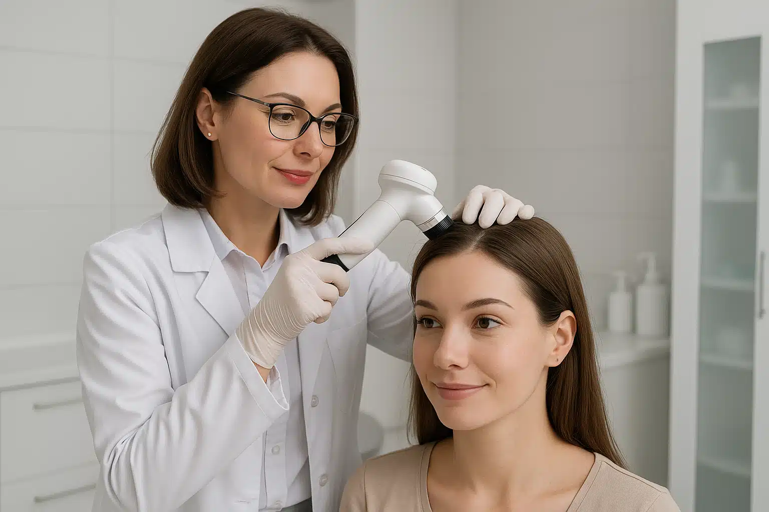 Professional female dermatologist examining a woman's scalp with a magnifying device, modern clinic setting, reassuring and expert atmosphere