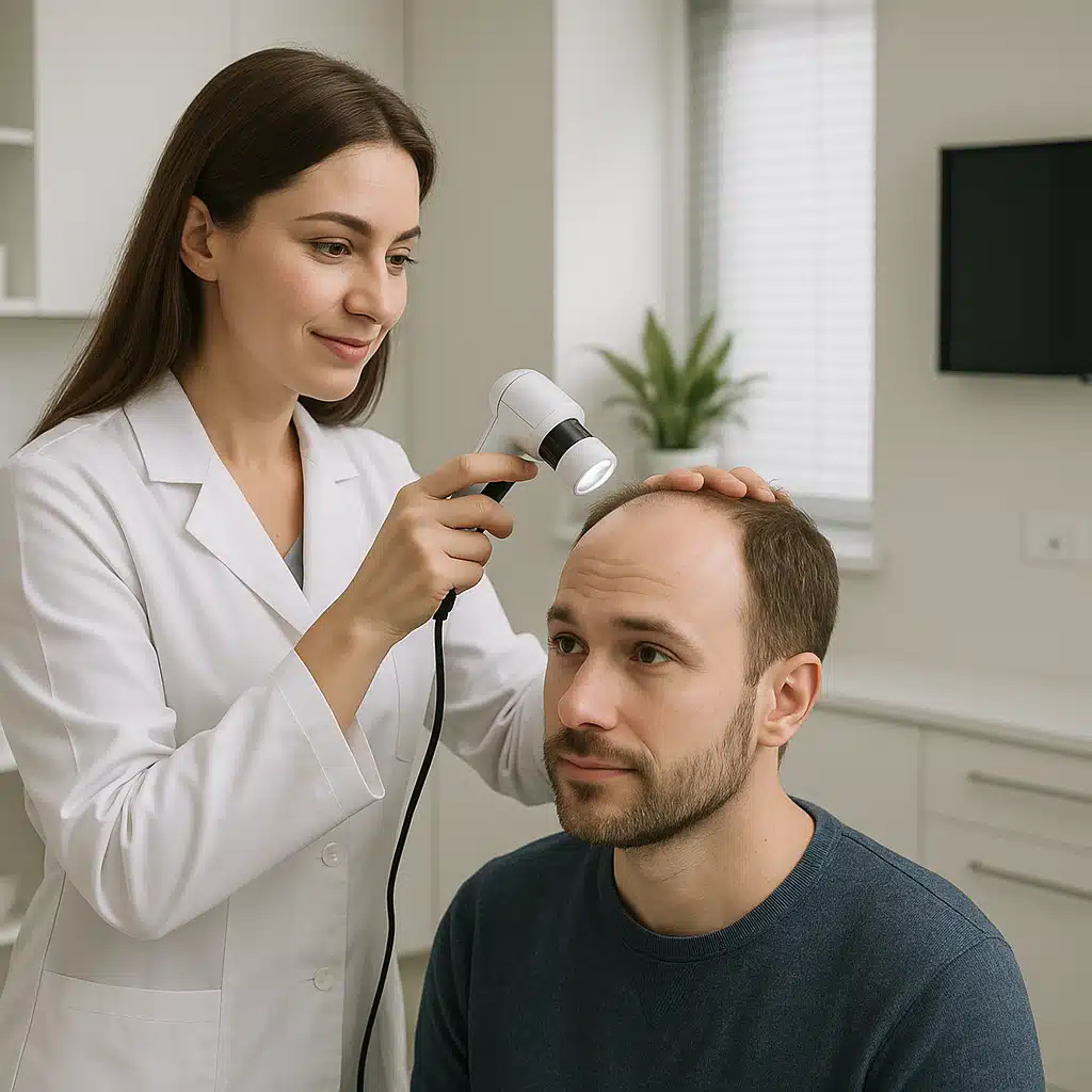 Professional consultation scene with a hair specialist examining a patient's scalp using a magnifying device, modern clinic interior, reassuring and informative atmosphere
