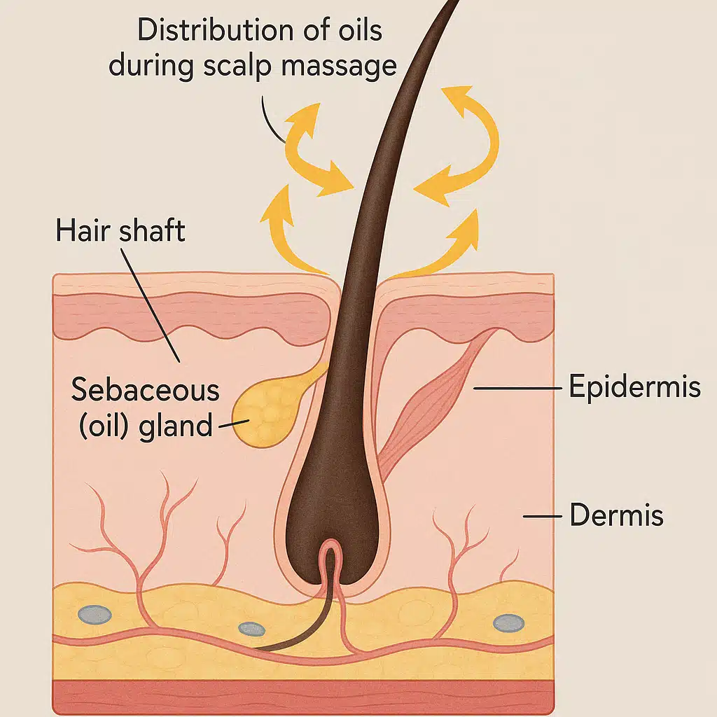 Detailed illustration of hair follicle cross-section showing oil glands and distribution through massage, educational diagram style, clean scientific visualization with labels