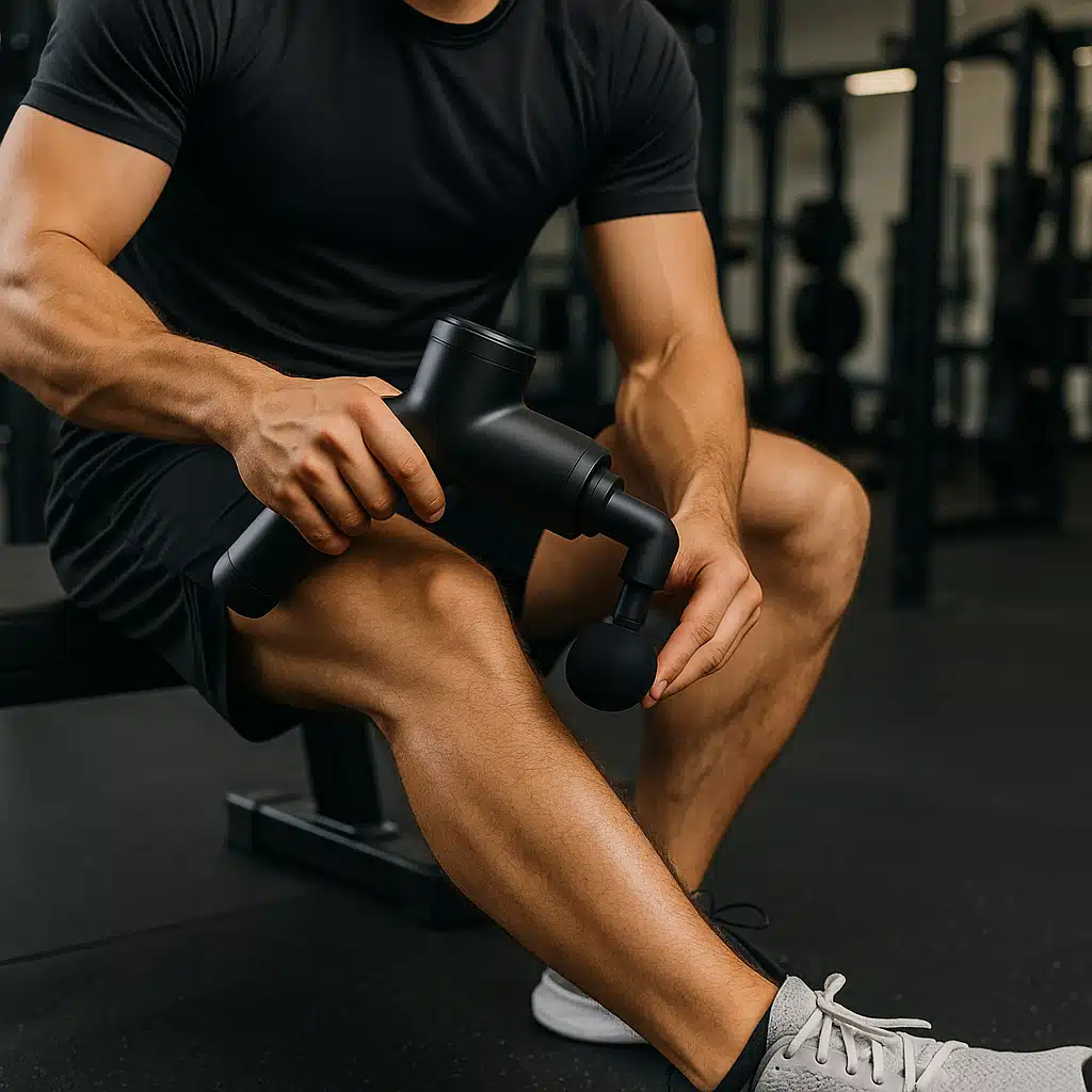 Athletic person using massage gun on calf muscle in gym setting, workout clothes, exercise equipment visible in background, recovery and fitness theme