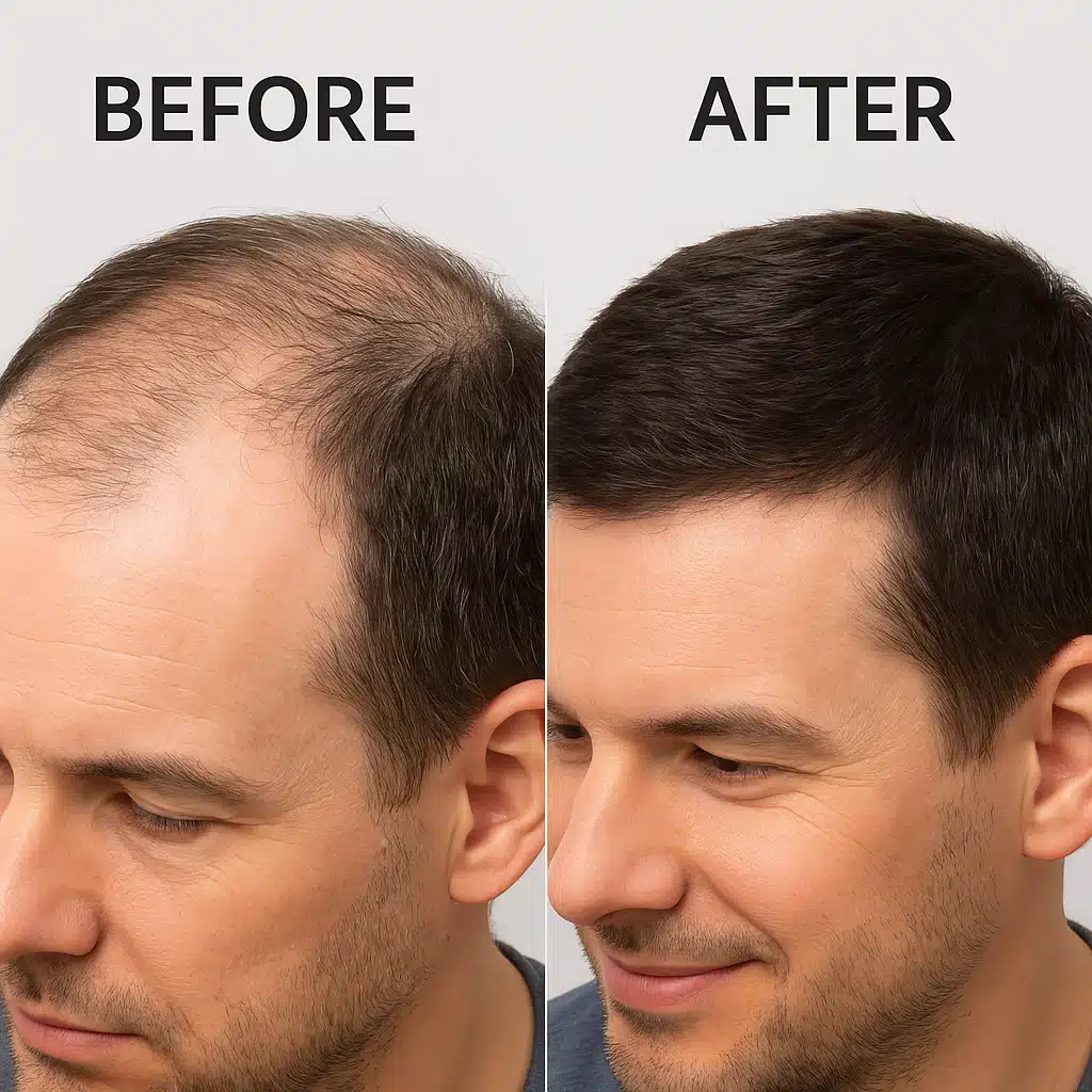 Before and after comparison of scalp hair density, side-by-side images showing improved hair growth and thickness, clear and professional presentation, optimistic and encouraging mood