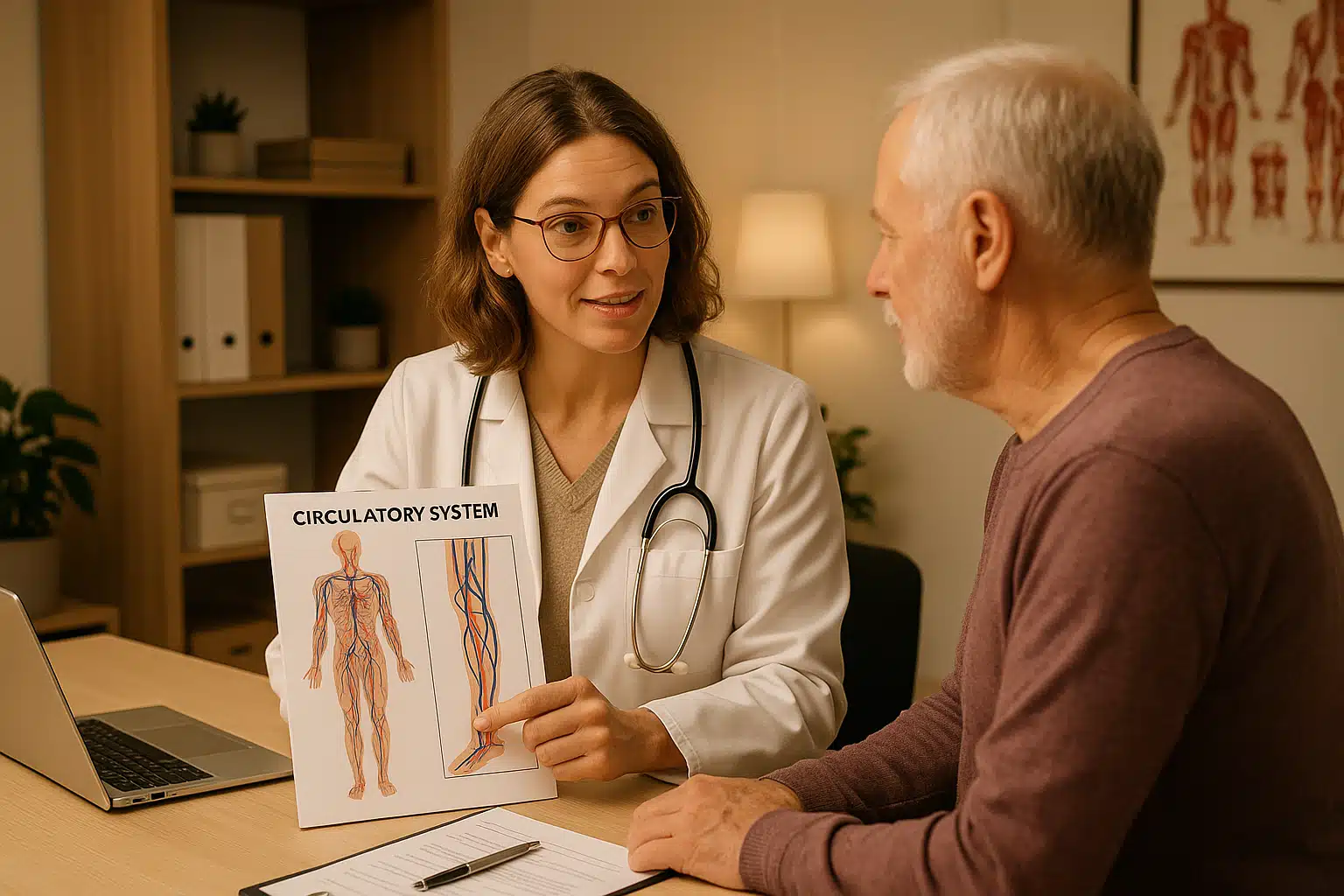 Healthcare professional consulting with patient about leg health, pointing to medical chart showing circulatory system, clinical office environment with warm professional lighting