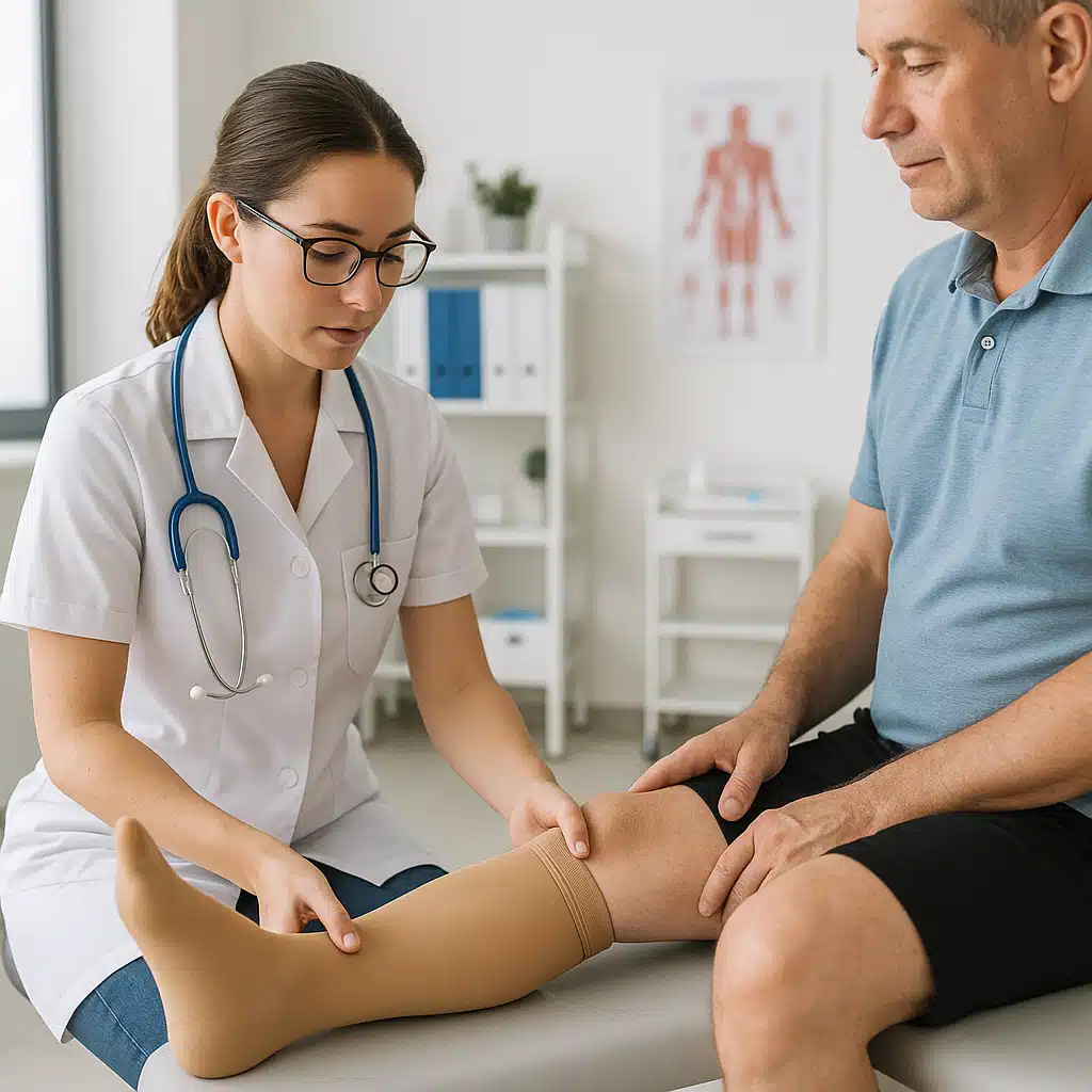 Healthcare professional examining a patient's leg wearing compression stockings in a clinical setting, showing proper medical consultation and monitoring, professional medical environment