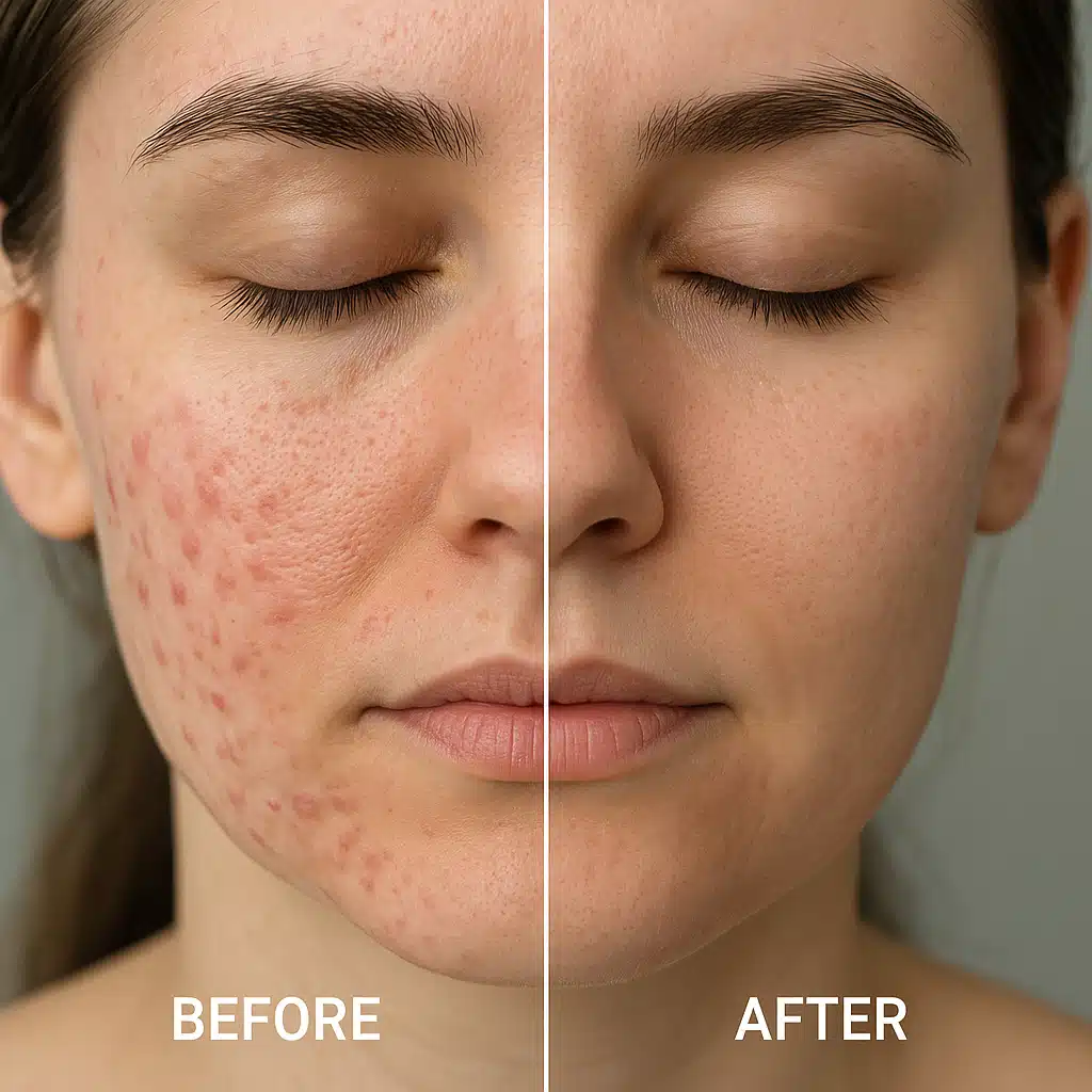 Before and after comparison showing improved skin texture and reduced scarring, split-face view with natural lighting, professional dermatology photography style showing realistic treatment results