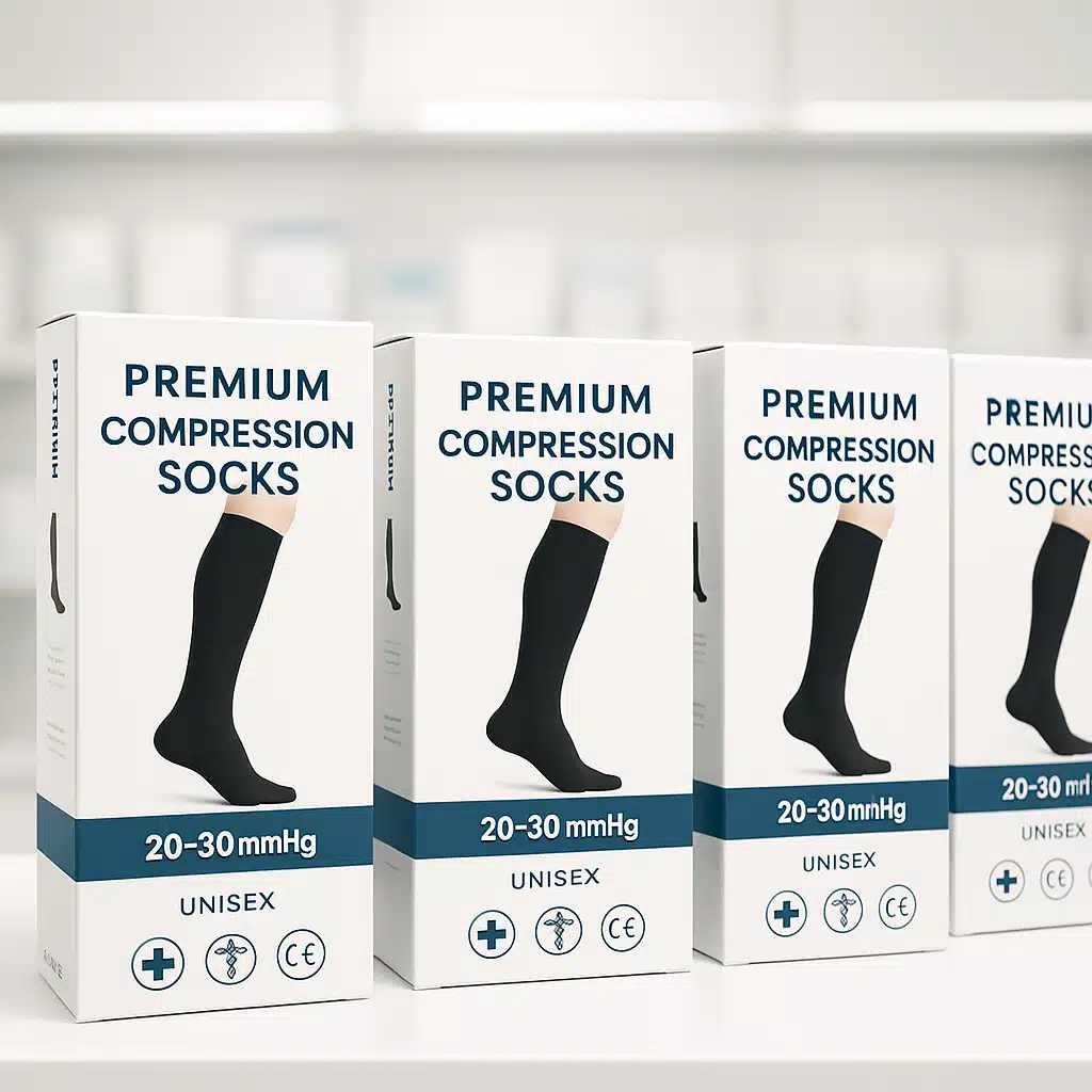 Premium compression sock product boxes arranged professionally showing medical branding and certification marks, healthcare retail display style, professional lighting