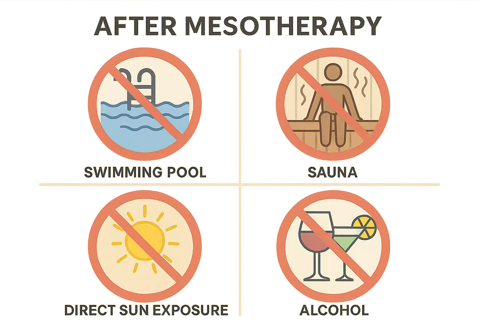 Split image showing activities to avoid after mesotherapy: swimming pool, sauna, direct sun exposure, and alcohol, presented in an informative and clear visual style