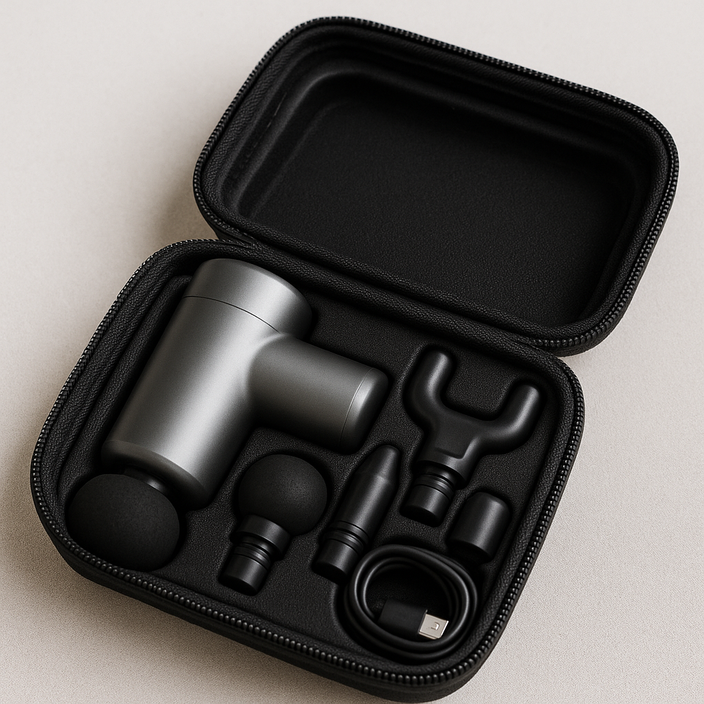 Compact electric massager in travel case with accessories, portable wellness device, organized and ready for travel