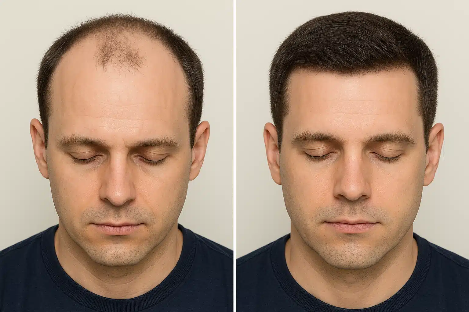 Before and after comparison of male scalp showing hair restoration results, professional medical photography style, clear documentation of treatment progress