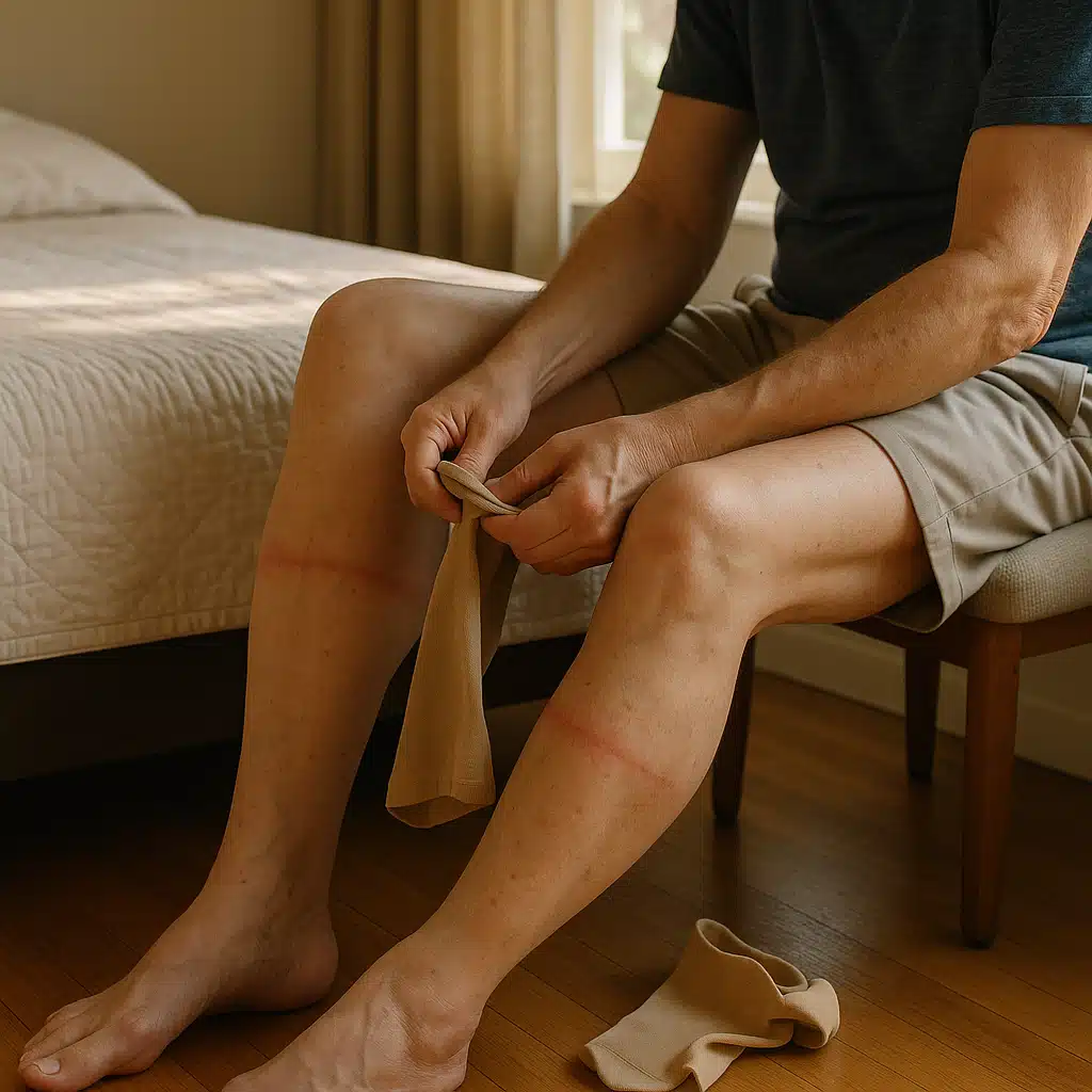 Person sitting on edge of bed removing compression socks showing red marks on skin, late afternoon natural window lighting, realistic healthcare documentation style
