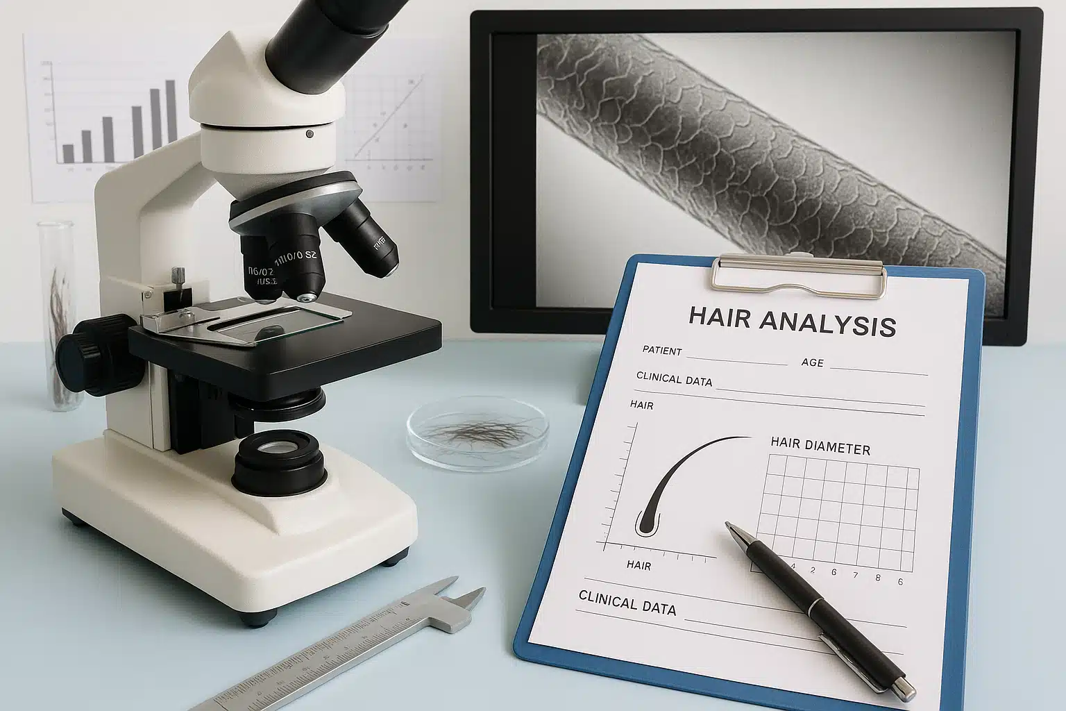 Scientific research setting showing hair analysis equipment, microscopic hair examination, clinical documentation, professional laboratory environment with charts and measurement tools