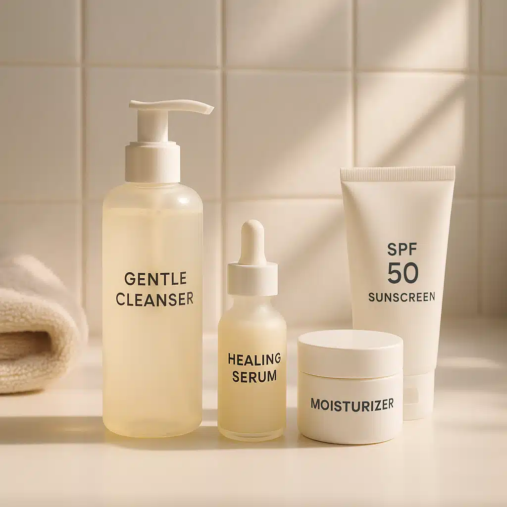 Skincare recovery setup showing post-treatment products including gentle cleanser, healing serum, moisturizer, and SPF sunscreen on a clean bathroom counter, soft natural lighting emphasizing product bottles and peaceful recovery environment
