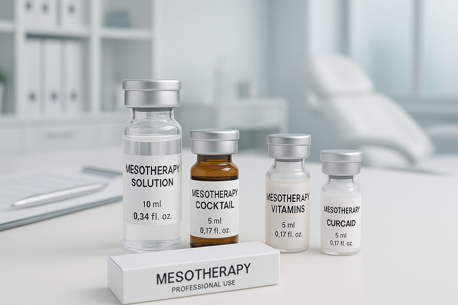 Array of professional mesotherapy product bottles and packaging on a modern medical office desk, clean and organized presentation, trustworthy clinical environment