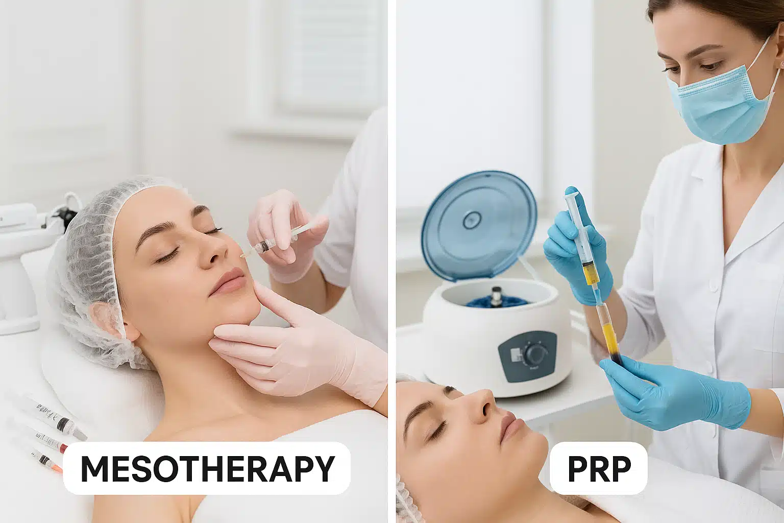 Side-by-side comparison of mesotherapy and PRP procedures, split-screen showing injection techniques and equipment, clean clinical environment, informative and professional