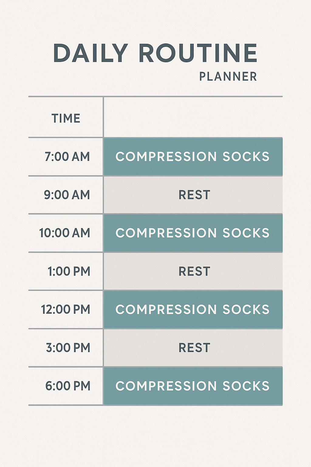 Calendar and daily routine planner showing scheduled times for wearing compression socks with rest periods marked, organizational healthcare concept with clean minimal aesthetic