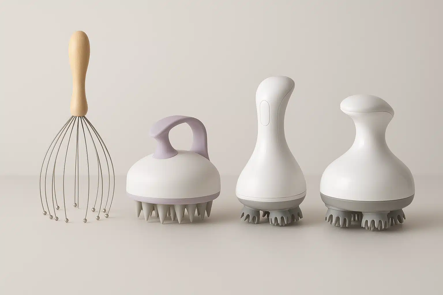 Comparison display of different types of scalp massagers, manual and electric varieties arranged on clean surface, product photography style, clear lighting showing details and features