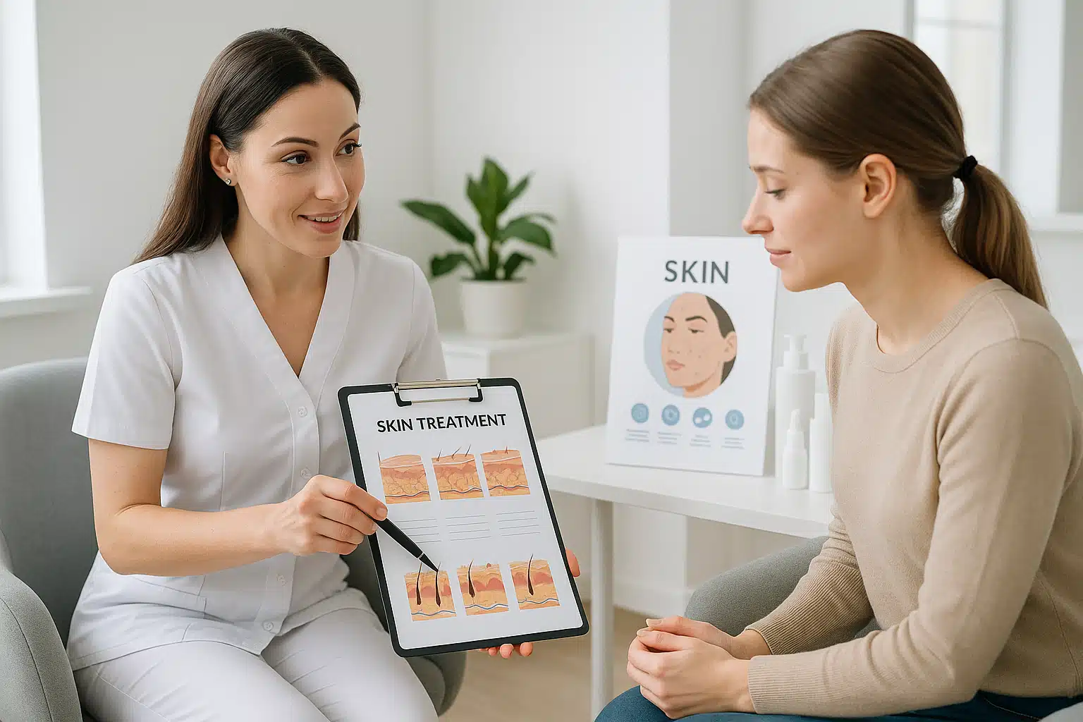 Consultation scene between skincare professional and client, discussing treatment options with visual aids, bright modern clinical office setting with comfortable chairs and professional atmosphere conveying trust and expertise