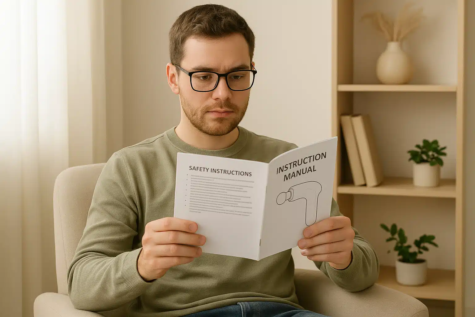 Person reading instruction manual for electric massager, responsible and informed device usage, educational wellness approach