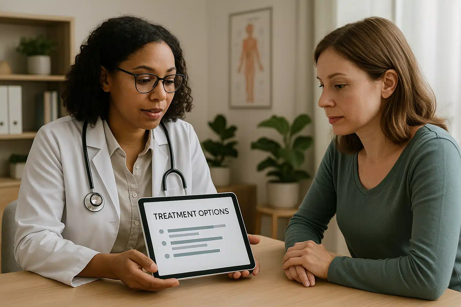 Consultation between a healthcare provider and patient reviewing treatment options on a tablet, comfortable medical office setting, collaborative and informative atmosphere