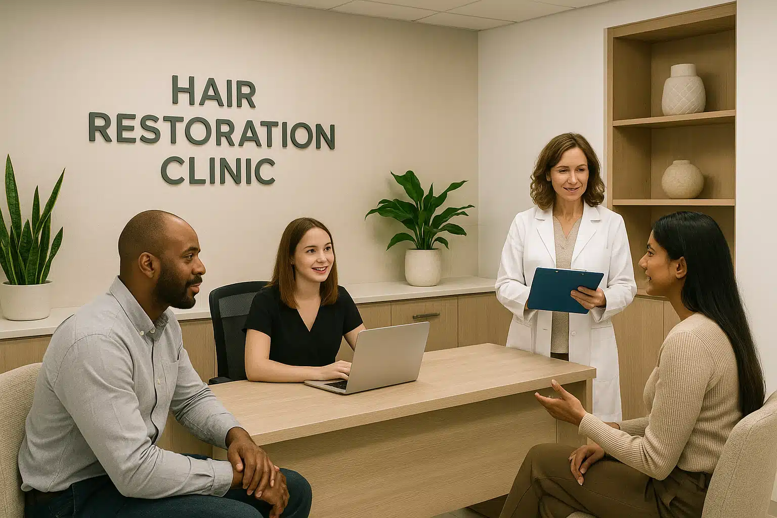 Professional hair restoration clinic reception area with modern decor, welcoming atmosphere, clean and organized, patients consulting with staff, global and inclusive setting