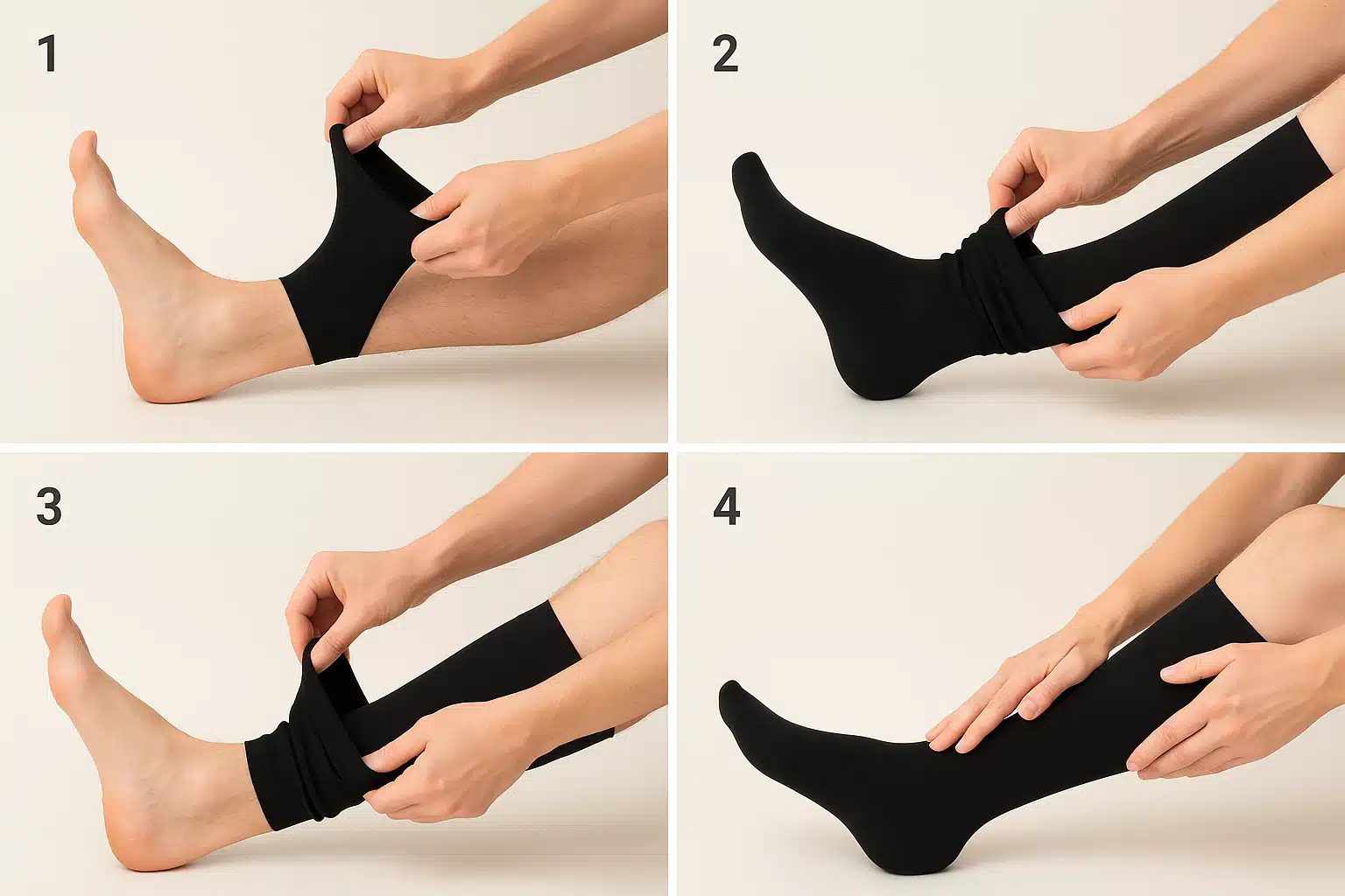 Step-by-step visual guide showing proper technique for putting on compression socks, hands positioning sock smoothly up leg, educational healthcare photography with clear instructional lighting