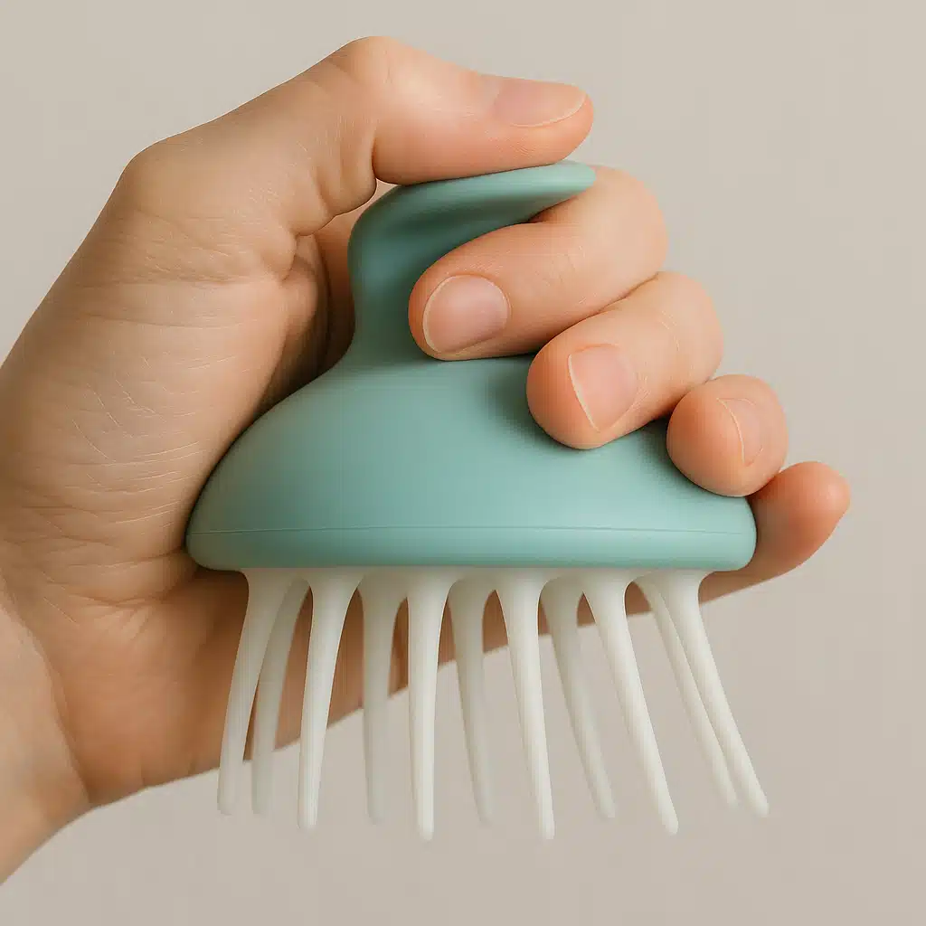 Person holding scalp massager demonstrating proper grip and ergonomic use, close-up of hand position, instructional photography style, clear demonstration of comfortable handling technique