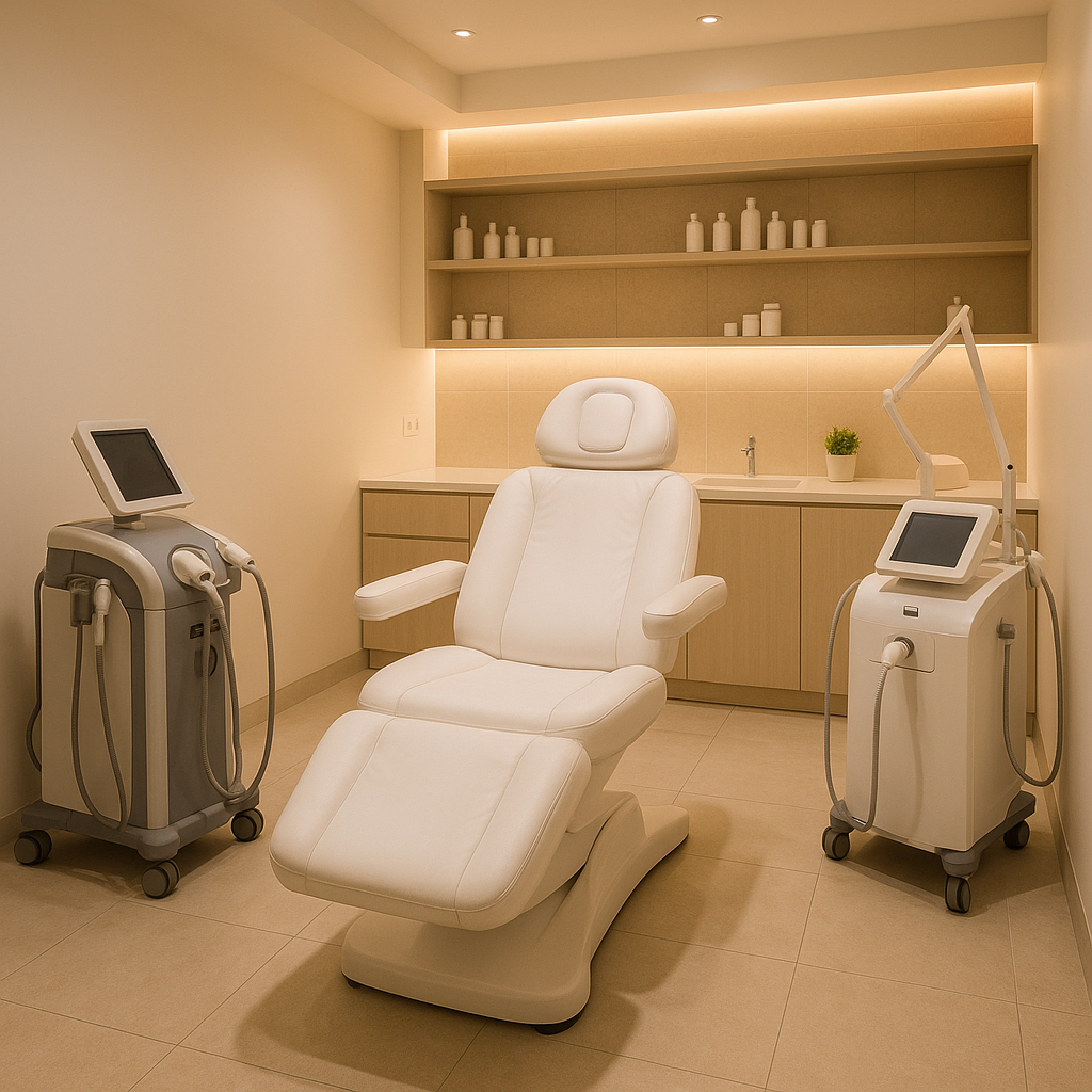 Professional aesthetic clinic interior showing modern treatment room with medical equipment, comfortable treatment chair, clean and sterile environment with warm lighting conveying professionalism and safety